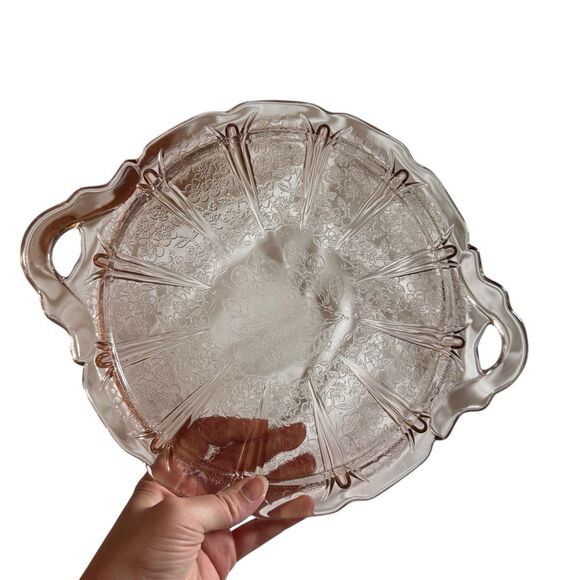 Vintage Jeanette Pink Depression Glass Platter Tray Handled Cherry Blossom - Picture 6 of 8